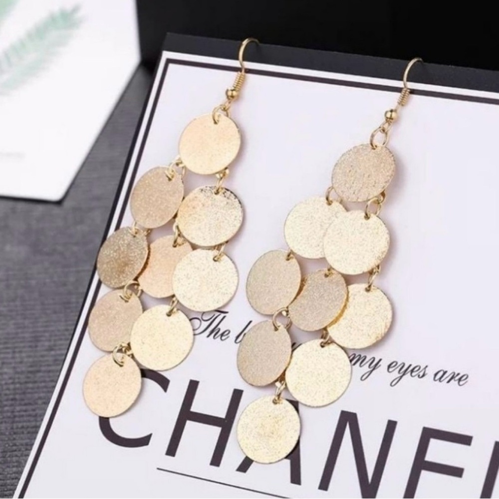 NEW Textured Gold Dangle Cascading Coin Chandelier Earrings